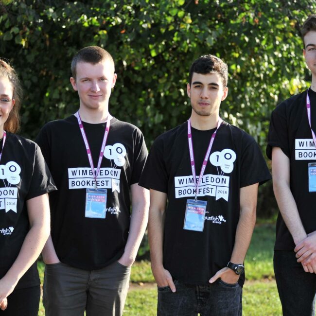 A Group of young staff members wearing Wimbledon Bookfest t-shirts from 2016