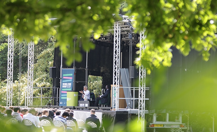 Mayor of London on a stage set up outdoors