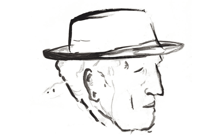 A Painted sketch of a man wearing a hat