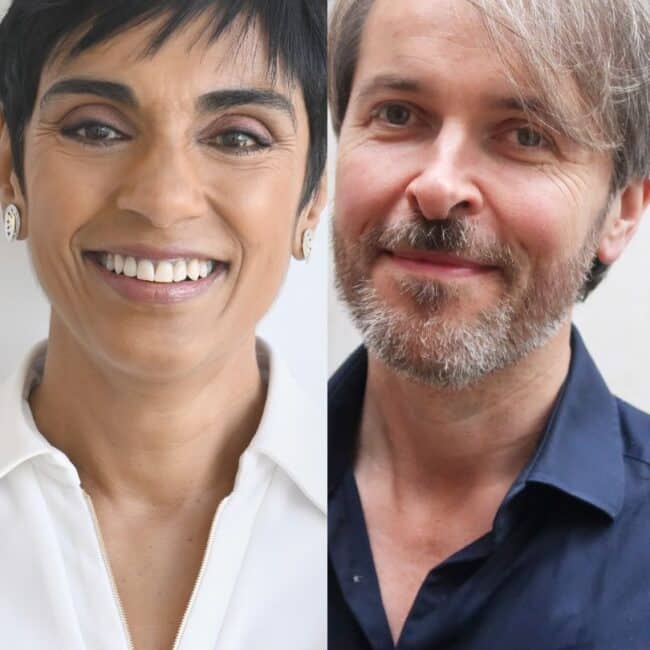 Reeta Chakrabarti and Garrett Carr in conversation on stage at Wimbledon BookFest, London's Leading literary festival
