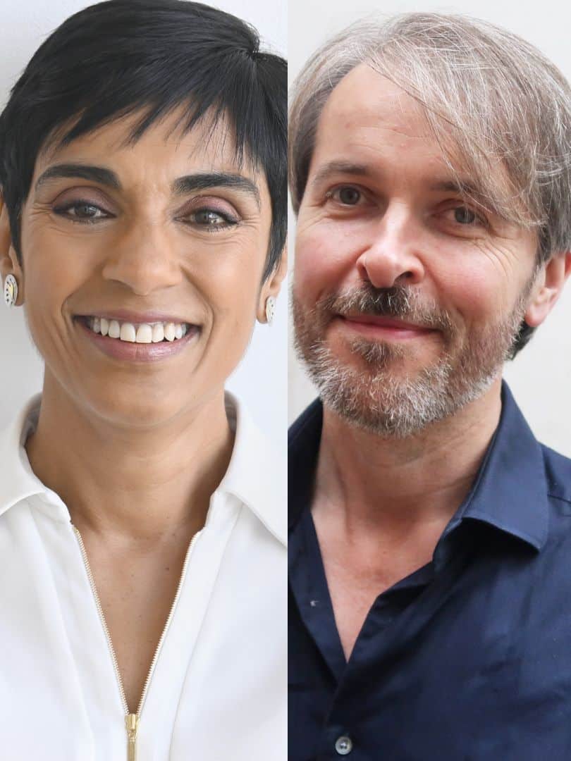 Reeta Chakrabarti and Garrett Carr in conversation on stage at Wimbledon BookFest, London's Leading literary festival