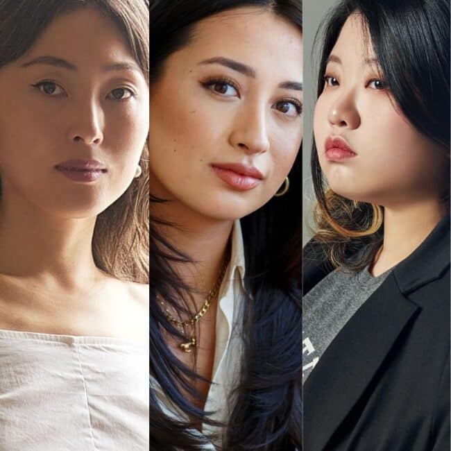 Juhea Kim, Ela Lee, and Park Seolyeon standing together at Wimbledon BookFest, smiling and posing for a photo.