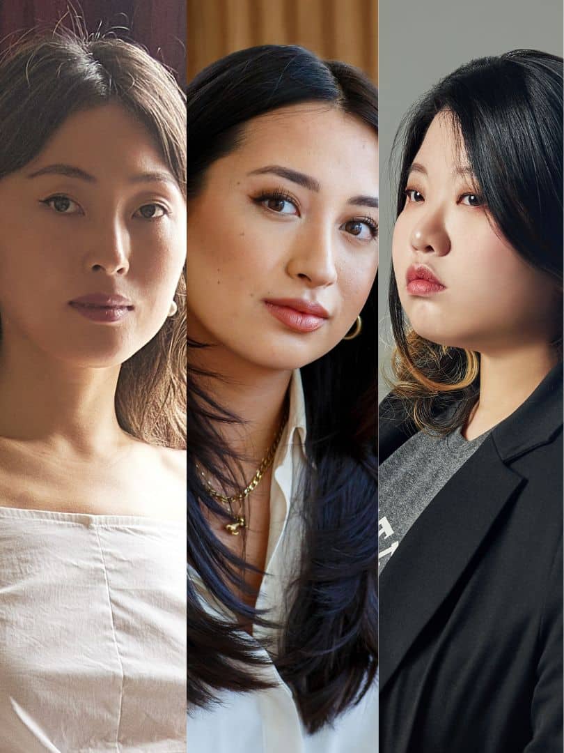 Juhea Kim, Ela Lee, and Park Seolyeon standing together at Wimbledon BookFest, smiling and posing for a photo.